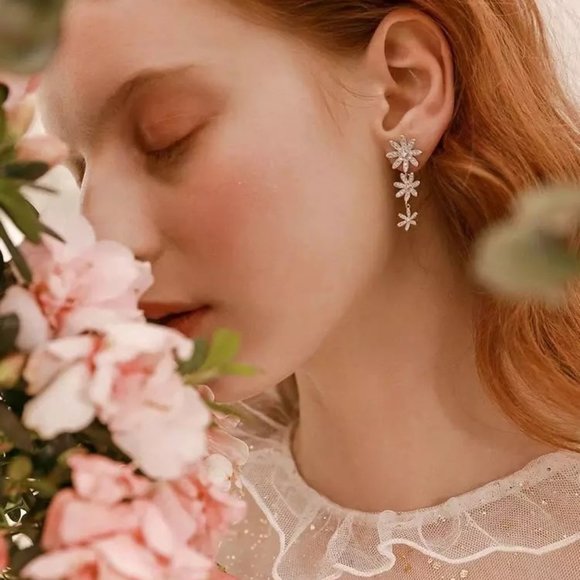 14k Gold Diamonds Triple Flower Drop Earrings Sterling Silver - Picture 3 of 7